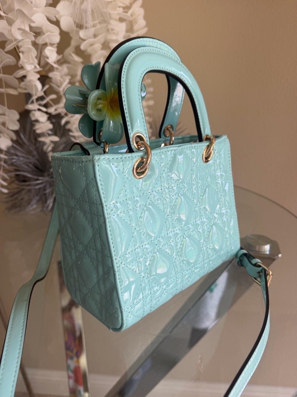 Aqua Patent Leather Quilted Top-Handle Bag with Gold Hardware - Picture 4 of 9